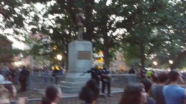 Chanting Protesters Call for Removal of University of North Carolina's Silent Sam Statue. Credit - Twitter/JPBowles via Storyful