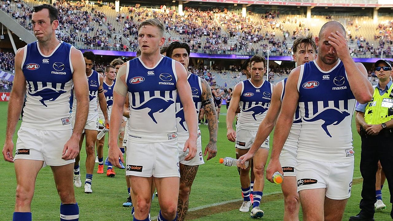 North Melbourne struggled on Sunday, but their defensive woes date back to the middle of last season. (Photo by Will Russell/AFL Photos/Getty Images)