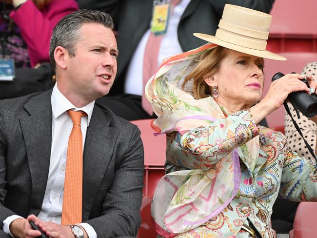 MELBOURNE, AUSTRALIA - OCTOBER 28: Trainers Gai Waterhouse and Adrian Bott are seen watching Race 3, the Powerflo Solutions Tesio Stakes, during Melbourne Racing at Moonee Valley Racecourse on October 28, 2023 in Melbourne, Australia. (Photo by Vince Caligiuri/Getty Images)