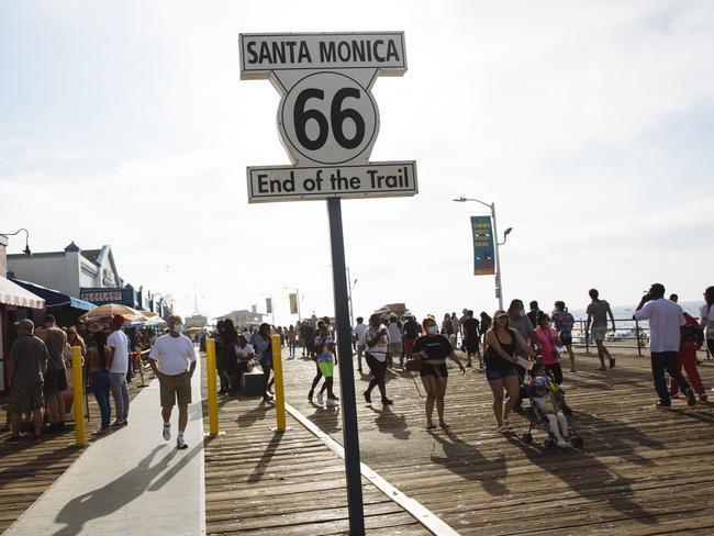 A sign marks the end of Route 66 in Santa Monica, California, USA. Picture: Angus Mordant