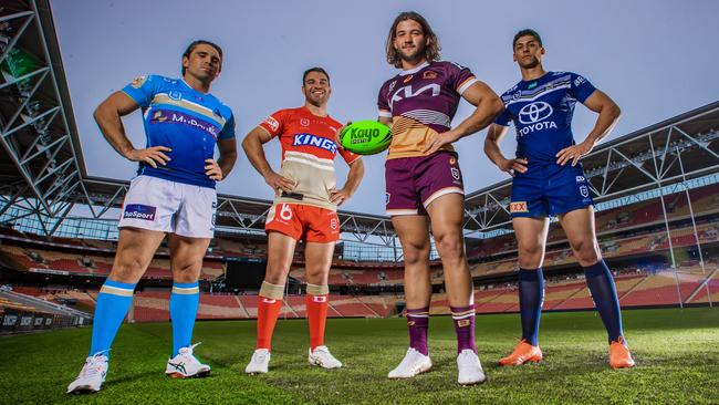 Queensland strong: Titan Aaron Booth, Dolphin Sean O'Sullivan, Bronco Pat Carrigan and Cowboy Heilum Luki at Suncorp Stadium. Picture: Nigel Hallett