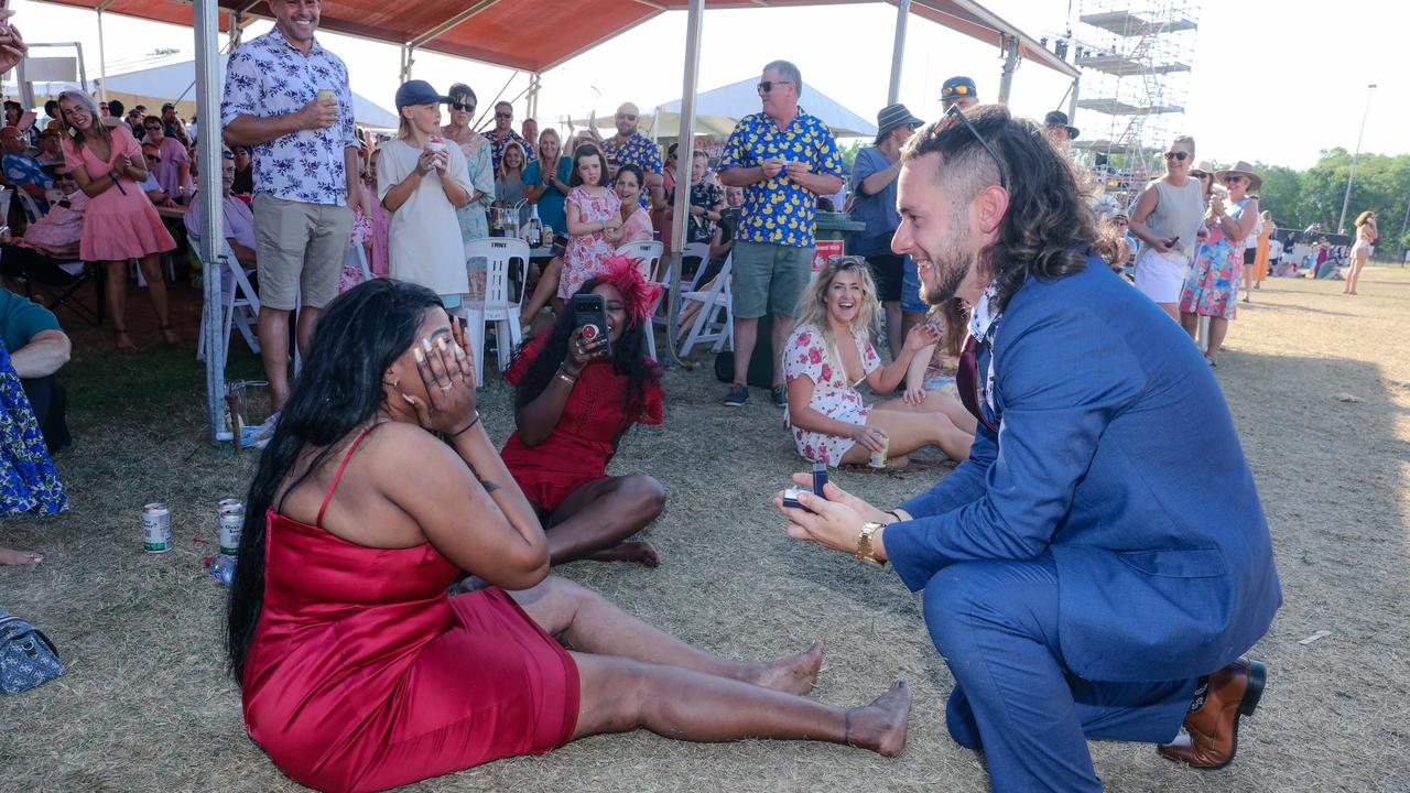 Victoria Maton accepted her Boyfriend Wes Clark’s Marriage proposal at The Great Northern Darwin Cup at Fannie Bay Turf Club. Picture: Glenn Campbell