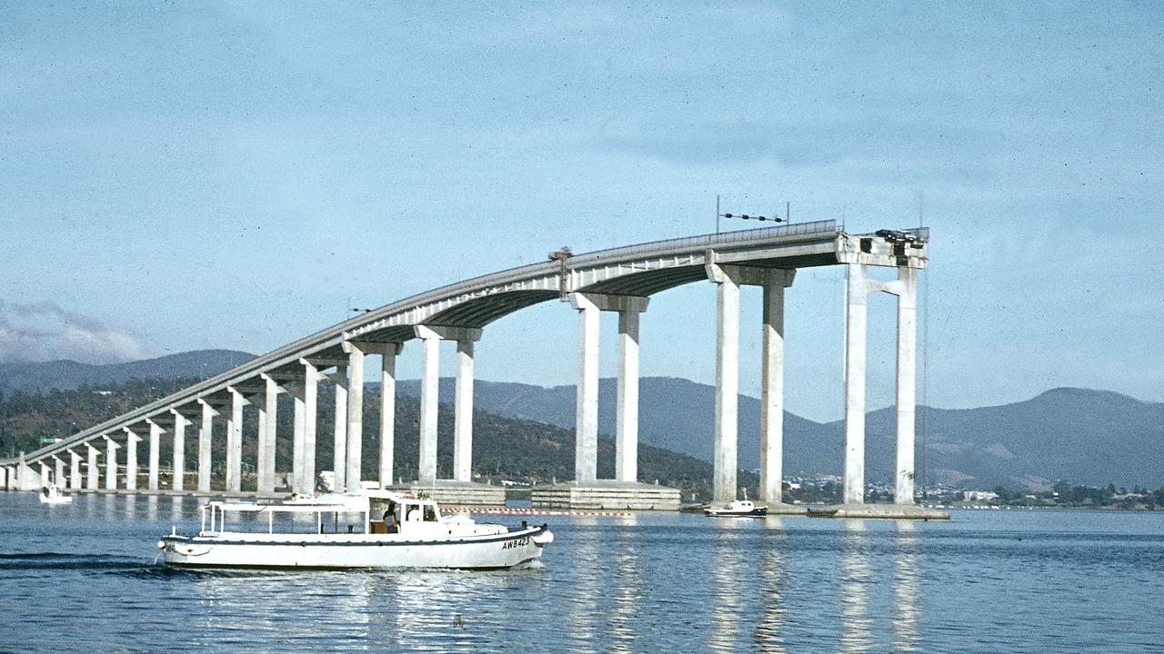 The Tasman Bridge after being hit by the ship Lake Illawarra. Picture: Peter Rees