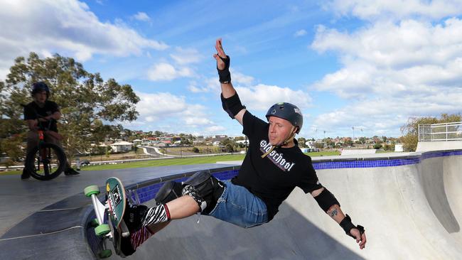 Mike Van Broek, 53 in the skate bowl at the new Kangaroo Bay skate park at Rosny PICTURE: LUKE BOWDEN