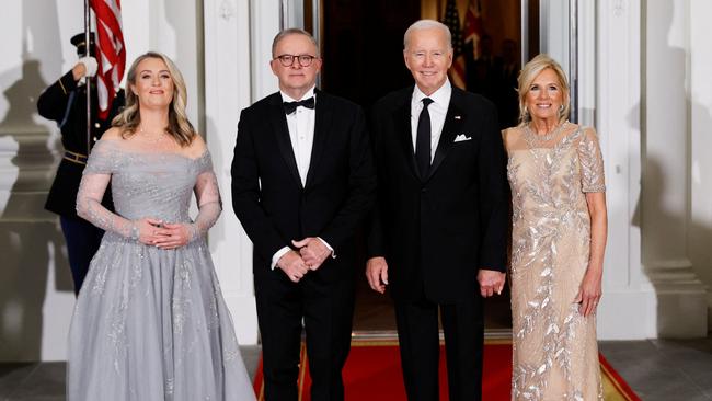 Jodie Haydon, left, Anthony Albanese, Joe Biden and Jill Biden before the White House state dinner on Thursday (AEDT). Picture: Reuters