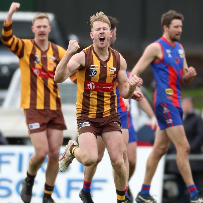 Kiewa-Sandy Creek’s Jack Haugen celebrates a goal against Beechworth.