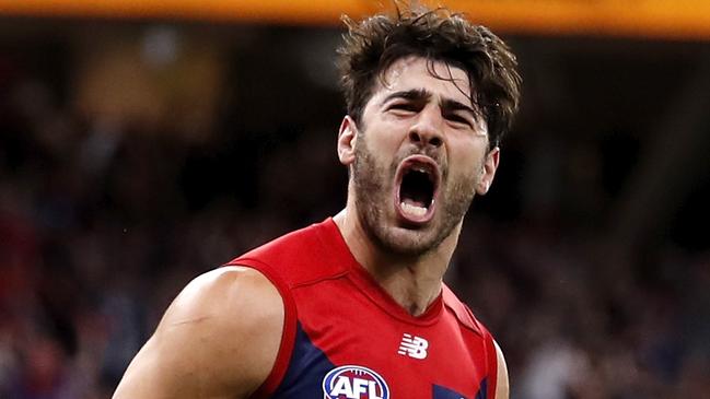 PERTH, AUSTRALIA - SEPTEMBER 25: Christian Petracca of the Demons celebrates a goal during the 2021 Toyota AFL Grand Final match between the Melbourne Demons and the Western Bulldogs at Optus Stadium on September 25, 2021 in Perth, Australia. (Photo by Dylan Burns/AFL Photos via Getty Images)