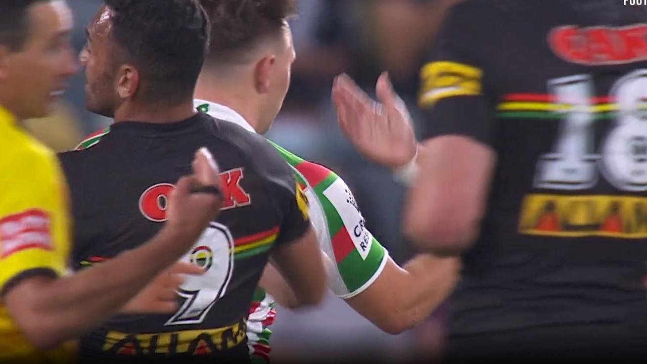 Referee Sutton can be seen talking to Matt Eisenhuth after Cleary’s first bomb (above). Picture: Fox Sports