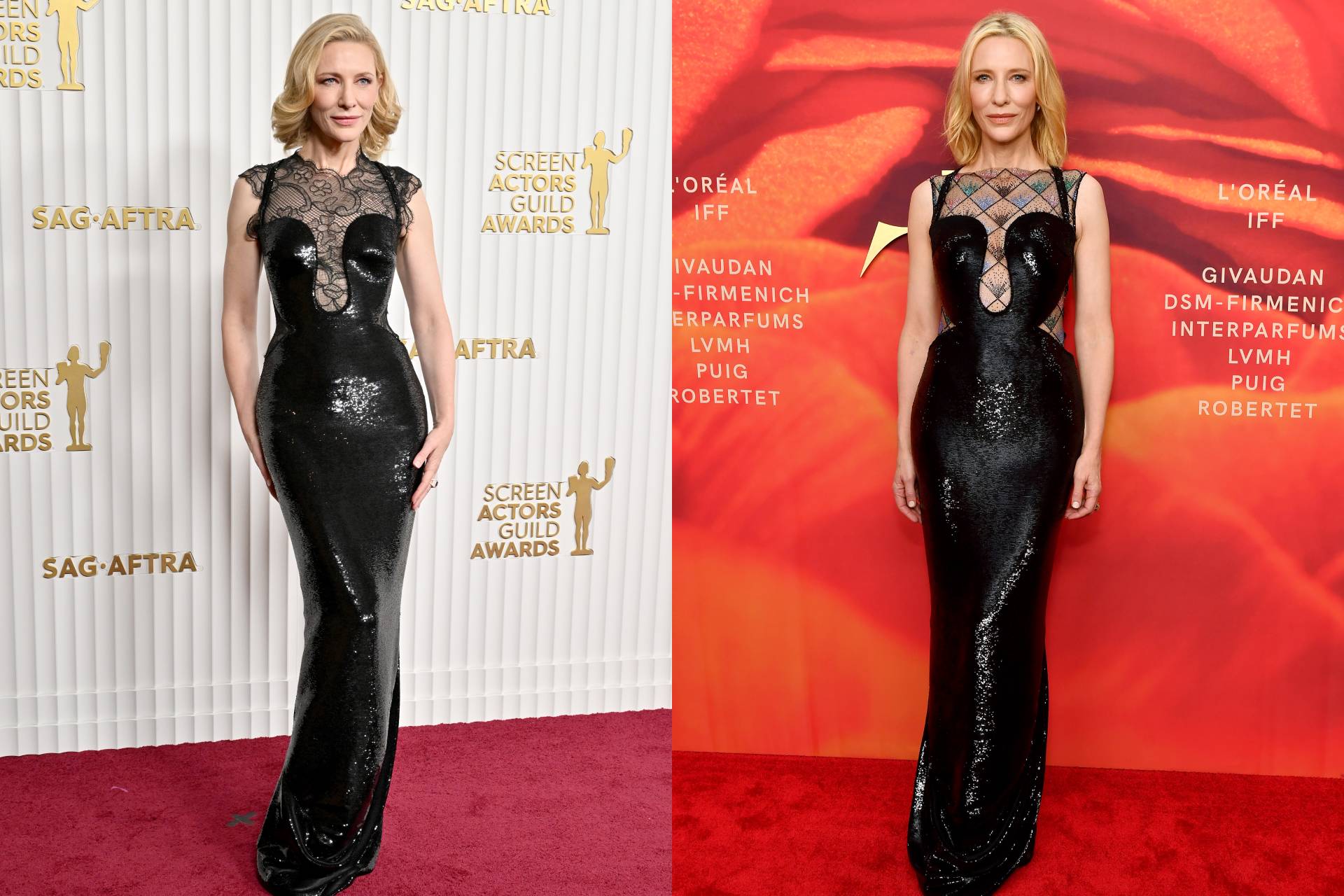 <p><b>Armani Priv&eacute; at the 2023 Screen Actors Guild Awards and the 2023 Fragrance Foundation Awards</b></p><p>Paying homage to the previous Armani Priv&eacute; number, Blanchett wore this sequined cutout Armani dress twice in the same year, updating the look with different sheer underlayers&mdash;one lace reworked from the original dress, and one mesh diamant&eacute; from the Armani Priv&eacute; spring/summer 2023 collection.</p>