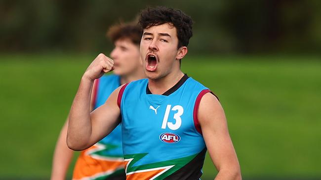 Jack Callinan of the Allies celebrates kicking a goal during the 2023 AFL National Championships. (Photo by Graham Denholm/AFL Photos via Getty Images)