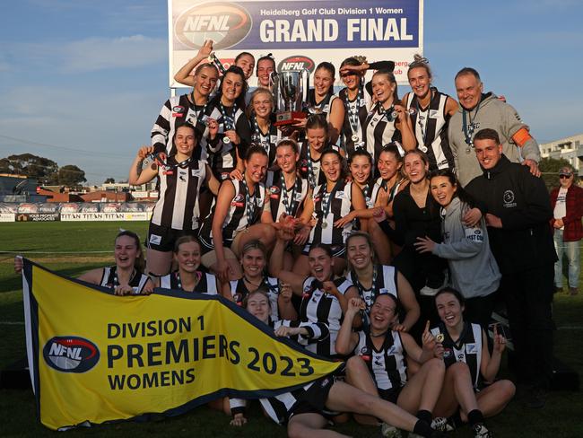 Montmorency celebrates its NFNL Division 1 Women’s premiership. Picture: Hamish Blair