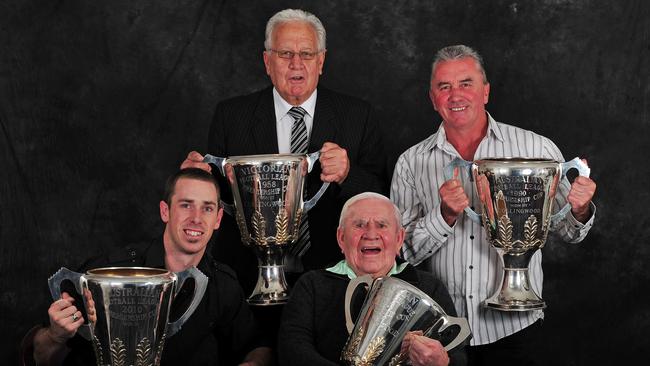 Collingwood premiership captains Nick Maxwell (2010), Murray Weideman (1958), Lou Richards (1953) and Tony Shaw (1990).