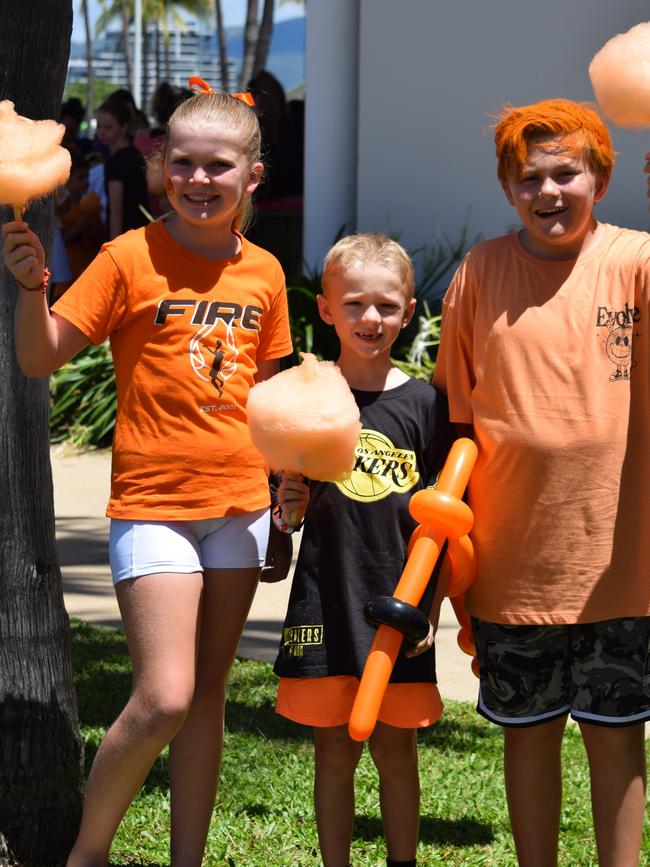 Spencer McCarthy, 10, Harvey McCarthy 7 and Gus Loveday 11 at the Townsville Fire final at the Townsville Entertainment Centre. Picture: Nikita McGuire