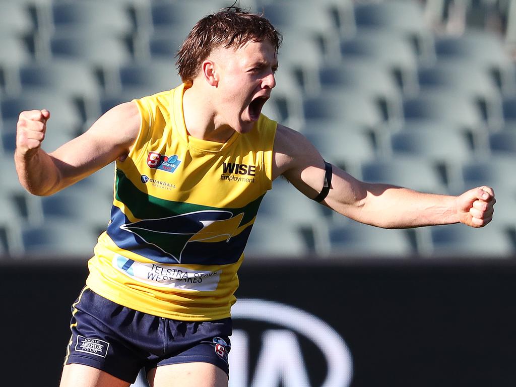 SANFL -  Woodville West-Torrens v South Adelaide in the second match of a double header at the Adelaide Oval. Eagles James Rowe celebrates his goal in the first quarter Picture SARAH REED