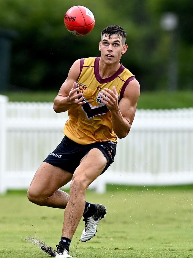 Mitch Cox at a Brisbane Lions AFL training session in 2022. (Photo by Bradley Kanaris/Getty Images)