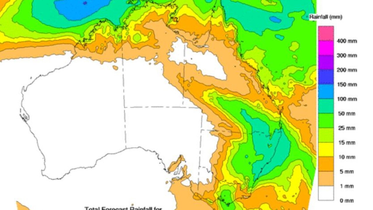 Total expected rainfall across Australia from Tuesday to Friday. Picture: Bureau of Meteorology