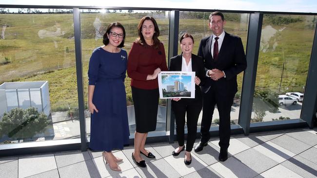 Member for Jordan Charis Mullen, Queensland Premier Annastacia Palaszczuk, Health Minister Yvette D'Ath, and Treasurer Cameron Dick announced Mater Private Hospital Springfield would undergo a job-generating expansion last year. Picture: NCA NewsWire / Jono Searle