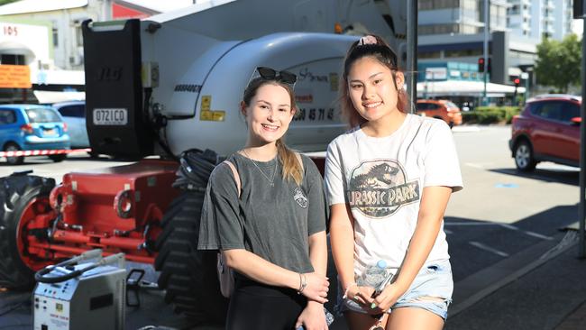 Lauren Ackerley and Jasmine Tran were surprised to find out that a Hollywood movie was being filmed on Grafton Street. Picture: Brendan Radke