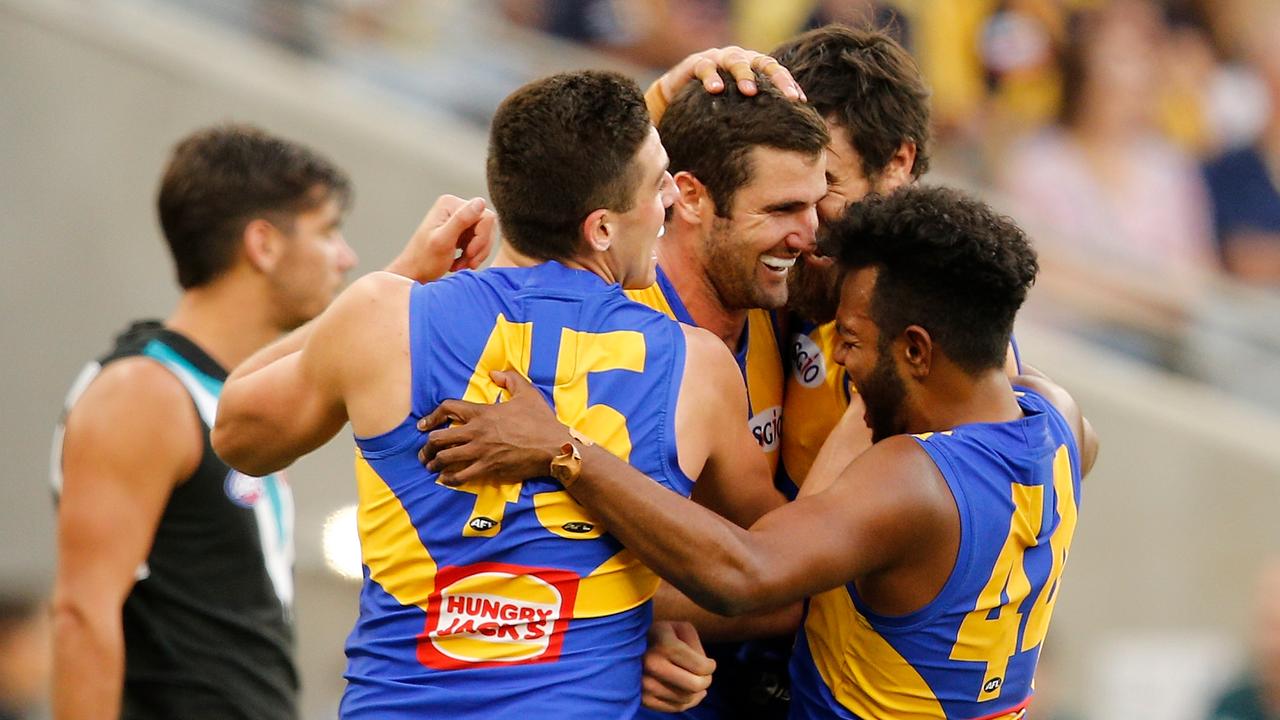 Jack Darling celebrates one of his three goals against Port Adelaide.