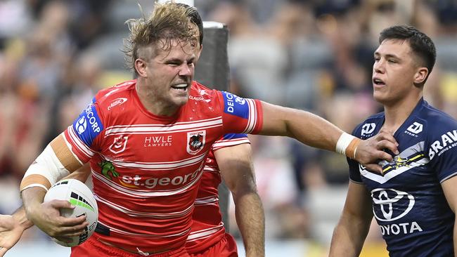 TOWNSVILLE, AUSTRALIA - MAY 13: Jack De Belin of the Dragons celebrates after scoring a try  during the round 11 NRL match between North Queensland Cowboys and St George Illawarra Dragons at Qld Country Bank Stadium on May 13, 2023 in Townsville, Australia. (Photo by Ian Hitchcock/Getty Images)