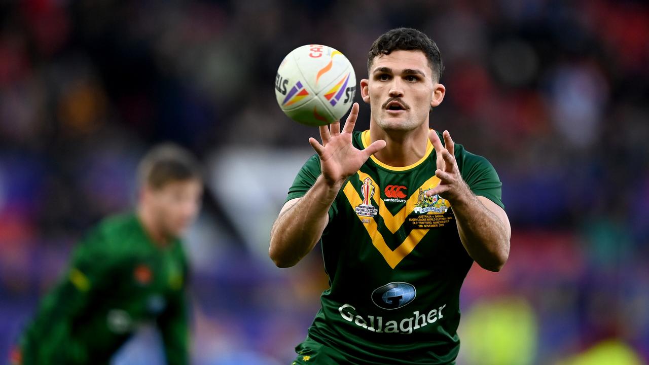 Nathan Cleary of Australia warms up prior to the Rugby League World Cup Final match between Australia and Samoa at Old Trafford. (Photo by Gareth Copley/Getty Images)