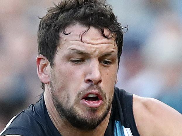 AFL - Port Adelaide v West Coast Eagles - Round 7 - Adelaide Oval. Travis Boak under pressure to get his handpass away. Picture Sarah Reed