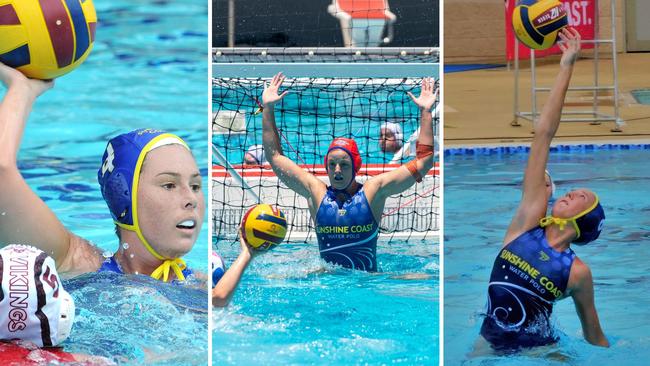 Sunshine Coast players Paris Bromfield, Lily Merlo and Amali Scott have been named as standout players for their team. Picture: John Gass, Noosa Water Polo