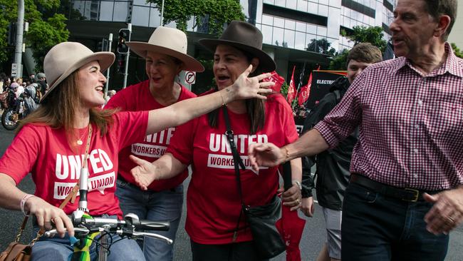 Ali France with state Labor politicians Di Farmer, Grace Grace and Cameron Dick. Picture: NewsWire / Glenn Campbell