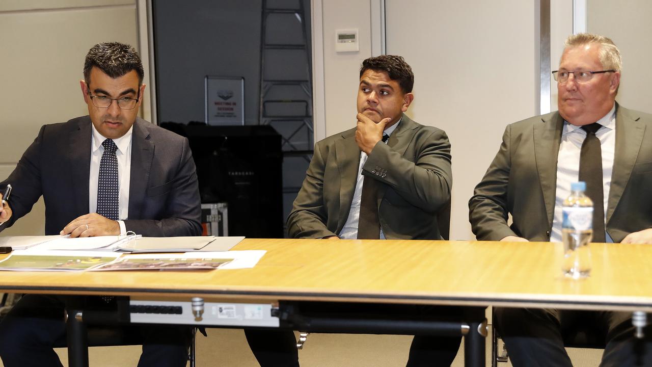 Latrell Mitchell (centre) fronted the judiciary on Tuesday night. Picture: Toby Zerna