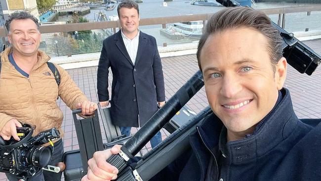 Weekend Sunrise host Matt Doran with his crew in London before the interview. Picture: Instagram