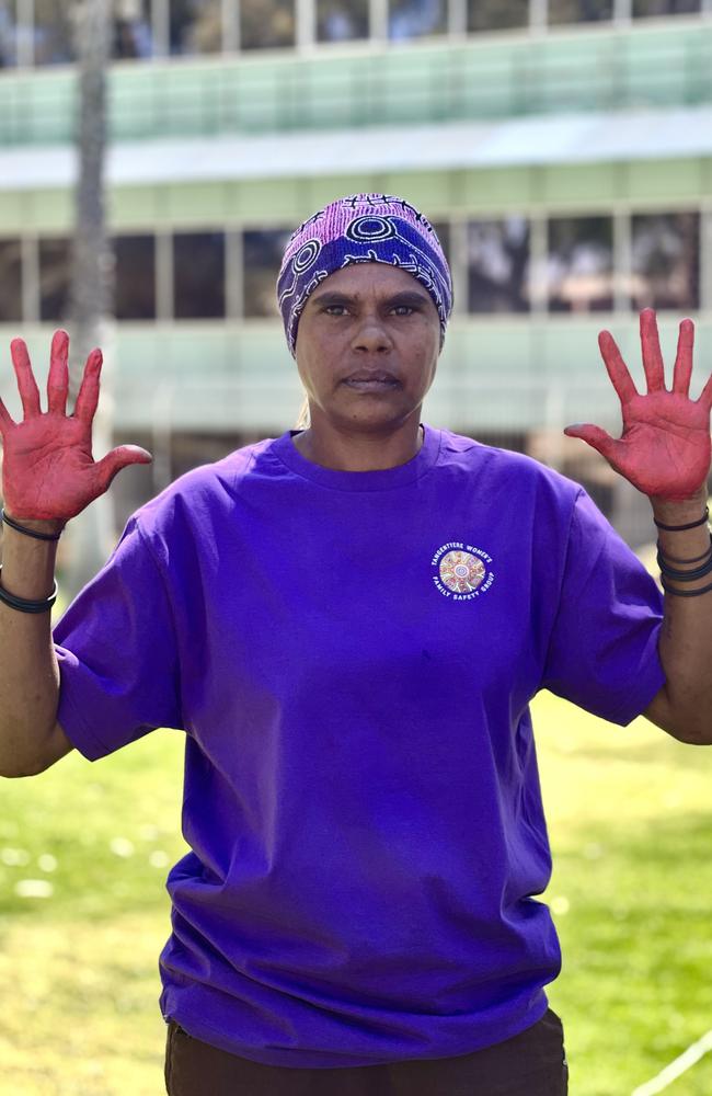 Tangentyere Women's Family Safety Group co-co-ordinator Shirleen Campbell at the Day of Action against family and domestic violence rally at the Alice Springs courthouse lawns. Picture: Fia Walsh