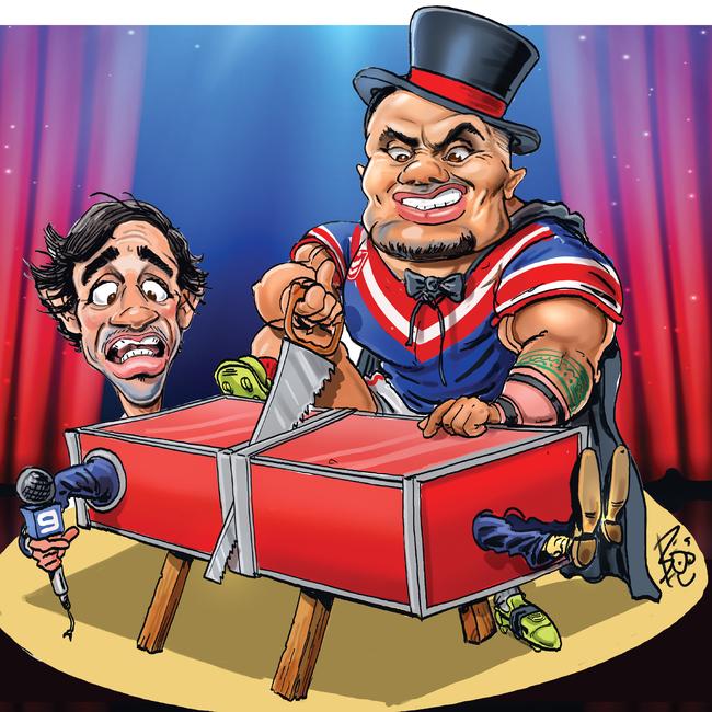 Spencer Leniu and Johnathan Thurston's Magic Round act. Art: Scott 'Boo' Bailey