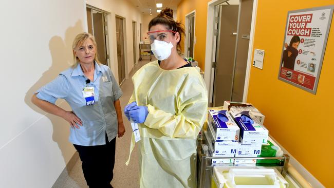 Marija Jurala (Nurse Consultant – CAHLN Infection Prevention and Control) and Stephanie Kipirtoglou (Registered Nurse) at the Coronavirus testing clinic at at the RAH. Picture: AAP / Sam Wundke