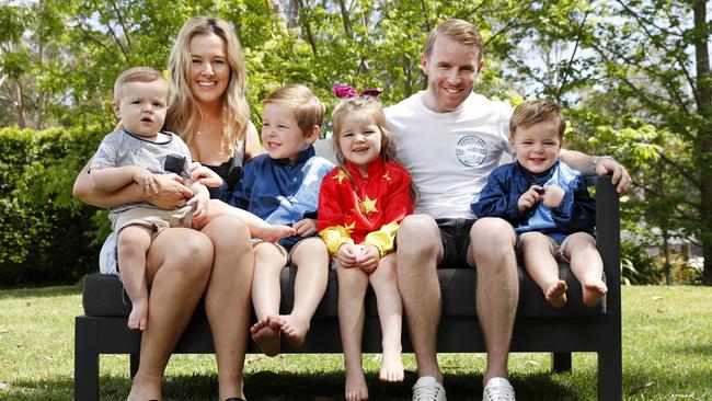 Tommy Berry had plenty to keep him occupied both on and off the track. Here he is at home with wife Sharnee and their young family, from left Nate, Kaden, Charlise and Levi. Picture: Jonathan Ng