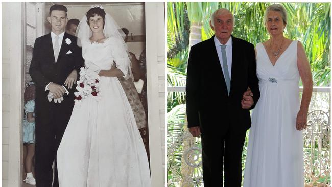 THEN AND NOW: Trevor and Fay Rollans on their wedding day on January 28, 1961 and the shot recreated 60 years later.