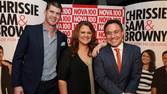 Radio hosts Chrissie Swan and Sam Pang will travel to New York to broadcast their Nova 100 show when Jonathan Brown (left) is there competing in the New York Marathon in November. Picture: Julie Kiriacoudis