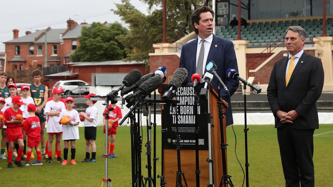 Gillon McLachlan CEO of the AFL with Richard Marles Acting Prime Minister at the AFL team for Tasmania announcement at North Hobart Oval. Picture: Nikki Davis-Jones