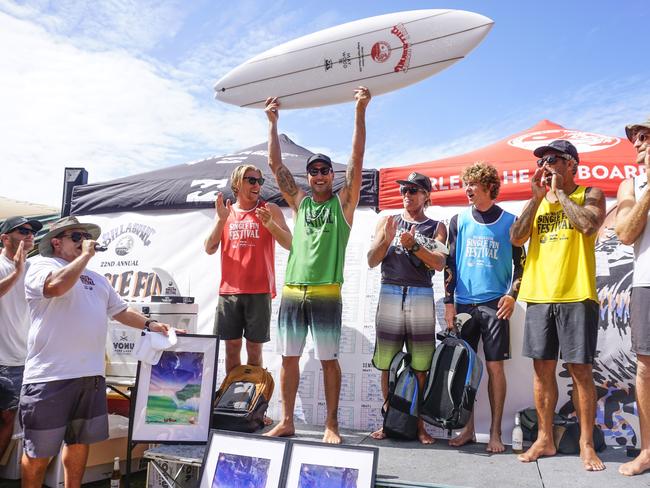 Joel Parkinson celebrates his win at the 2019 Burleigh Heads Single Fin surf contest. Joel is now a two-time winer, having won the event in 2017 and 2019.