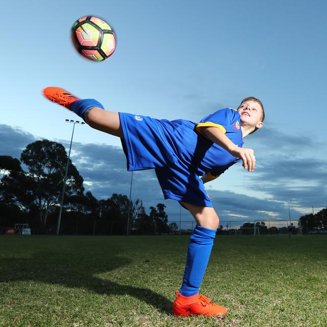 Gawler Eagles’ children emulating Riley McGree's scorpion kick. Brayden Mrozek tries the scorpion kick in 2018. Picture: Tait Schmaal.