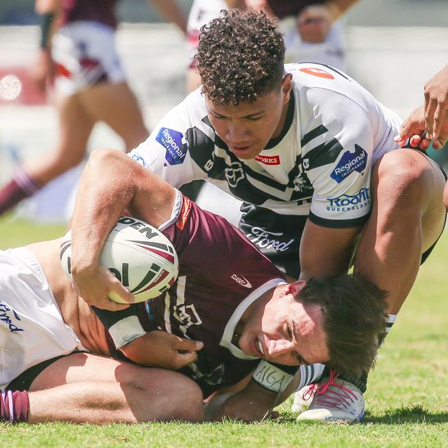 Jett Bryce is brought to ground earlier this season. Picture: Glenn Campbell
