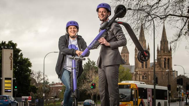 Beam Scooters have applied to increase the zone they are allowed to operate in including North Adelaide. Nicole Ricciardi with Head of Operations Locky Cooper. Picture: Brad Fleet