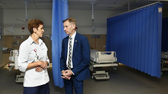 Prince of Wales Hospital emergency unit nurse manager Liz Ryan takes Coogee state Liberal MP Bruce Notley-Smith on a tour of the new extensions to the emergency department. Picture: John Appleyard