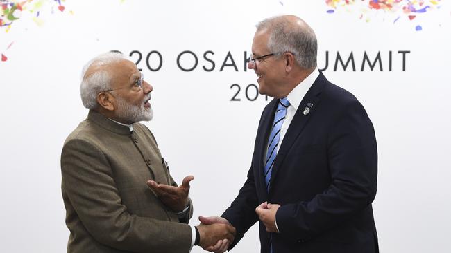 Scott Morrison with Indian counterpart Narendra Modi at the Osaka G20 summit last year. The Morrison government has failed the industry ‘identified as the cornerstone of the future India-Australia economic relationship: higher education’. Picture: AAP