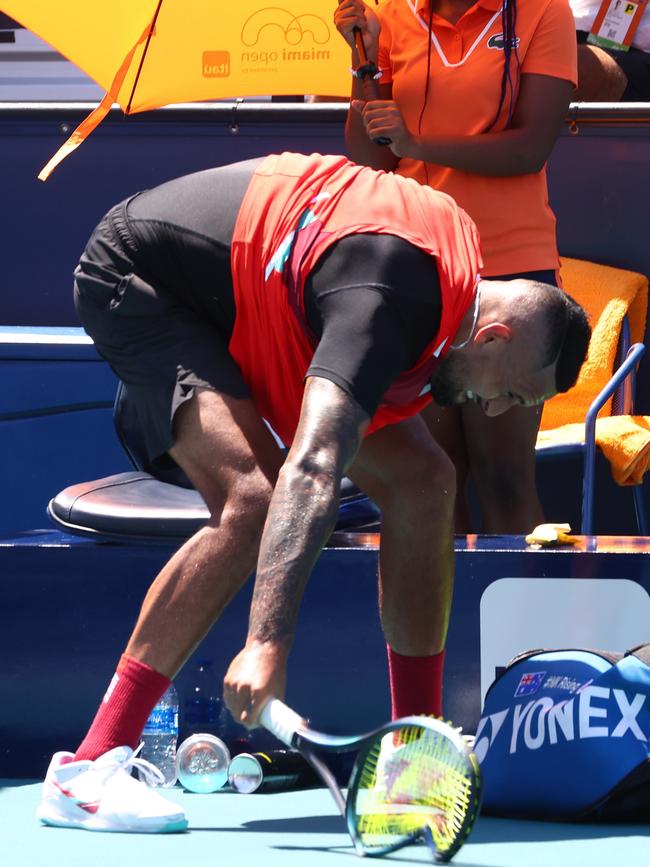 Nick Kyrgios of Australia slams his racket in his match against Jannik Sinner of Italy in Miami Gardens. Picture: Getty Images