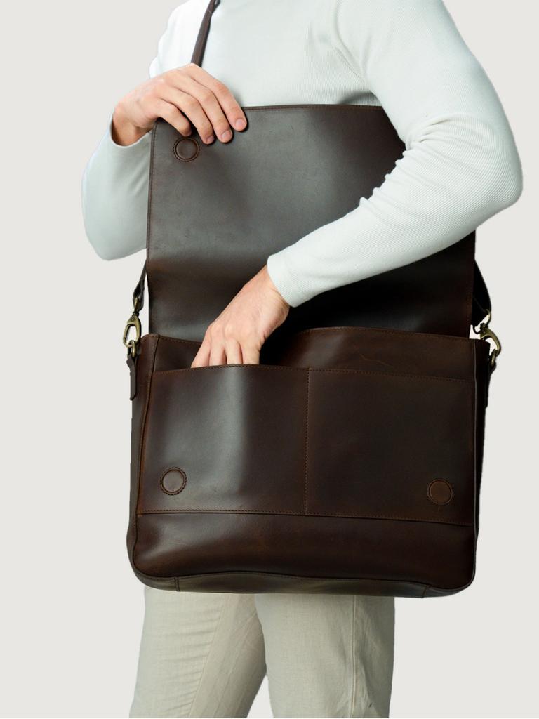 Carismatico Vintage Brown Leather Messenger Bag by The Jacket Maker. Picture: Troy Nankervis