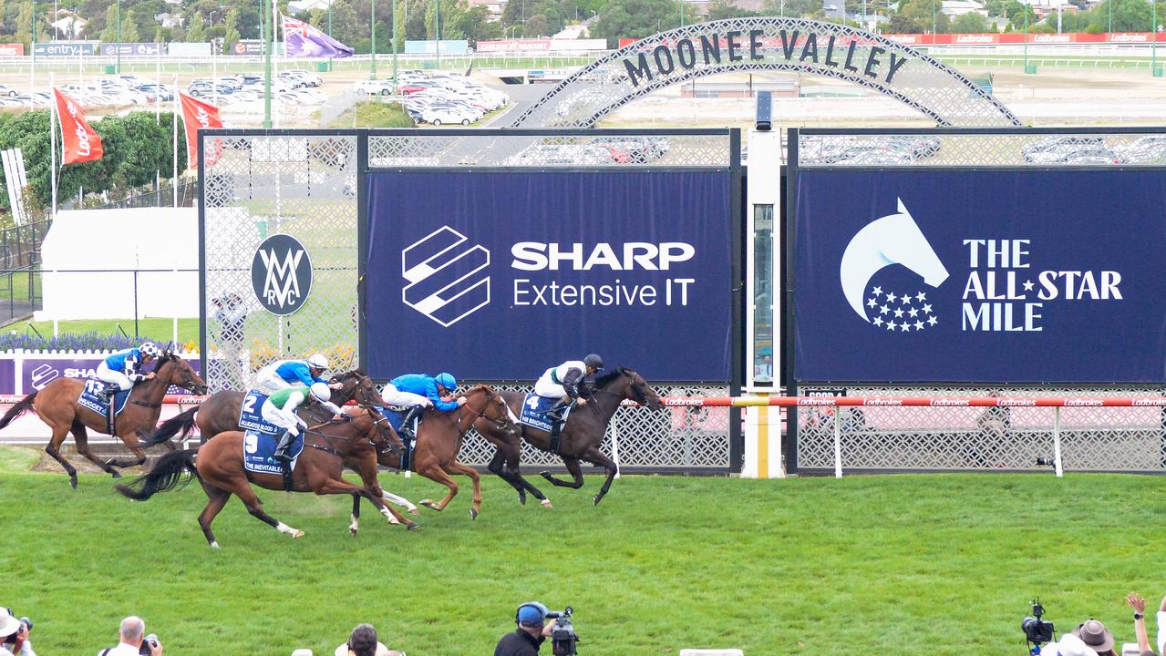 Mr Brightside (NZ) ridden by Luke Currie wins the The Sharp EIT ALL-STAR MILE at Moonee Valley Racecourse on March 18, 2023 in Melbourne, Australia. (Photo by Brett Holburt/Racing Photos)