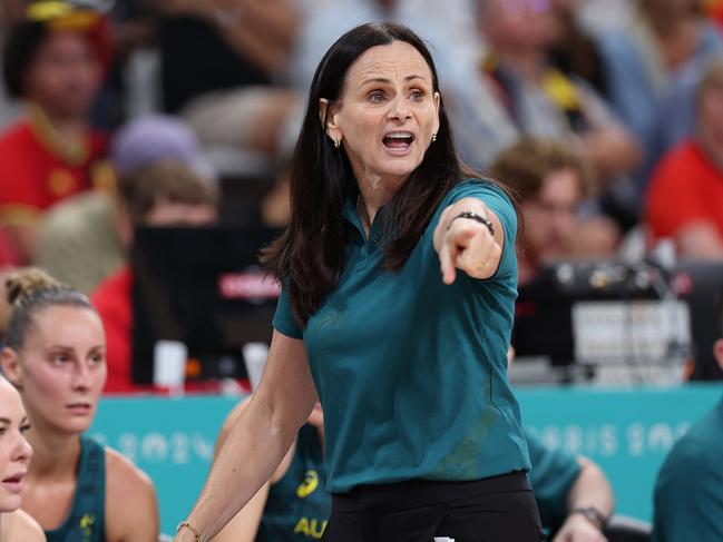 LILLE, FRANCE - JULY 29: Team Australia head coach Sandy Brondello gives instructions during the Women's Group Phase - B match between Team Nigeria and Team Australia on day three of the Olympic Games Paris 2024 at Stade Pierre Mauroy on July 29, 2024 in Lille, France. (Photo by Gregory Shamus/Getty Images)