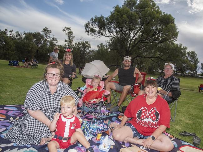 Emma Davis, Lilah Tung, Kaye Newey, Theo Davis, Aleesha Tung, Daniel Tung, Graham Newey having a lovely time at the 2024 Mildura Christmas Carols. Picture: Noel Fisher