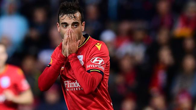 Adelaide United winger Nikola Mileusnic reflects on a near miss during the Reds’ season-opening loss to Sydney FC. Picture: Mark Brake/Getty Images