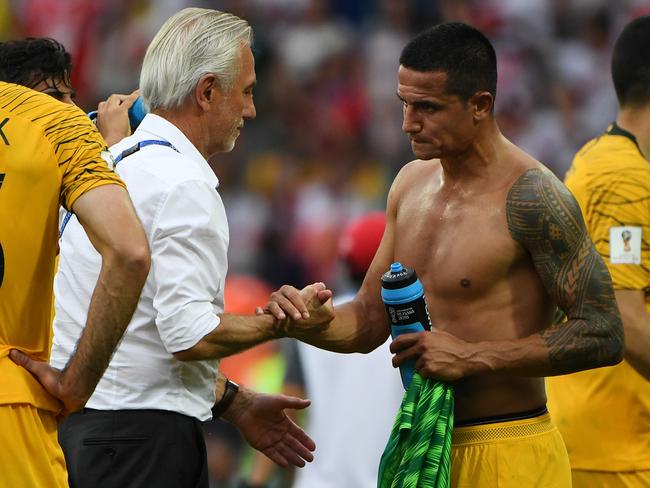 Australia's Tim Cahill shakes hands with head coach Bert van Marwijk. Picture: AAP